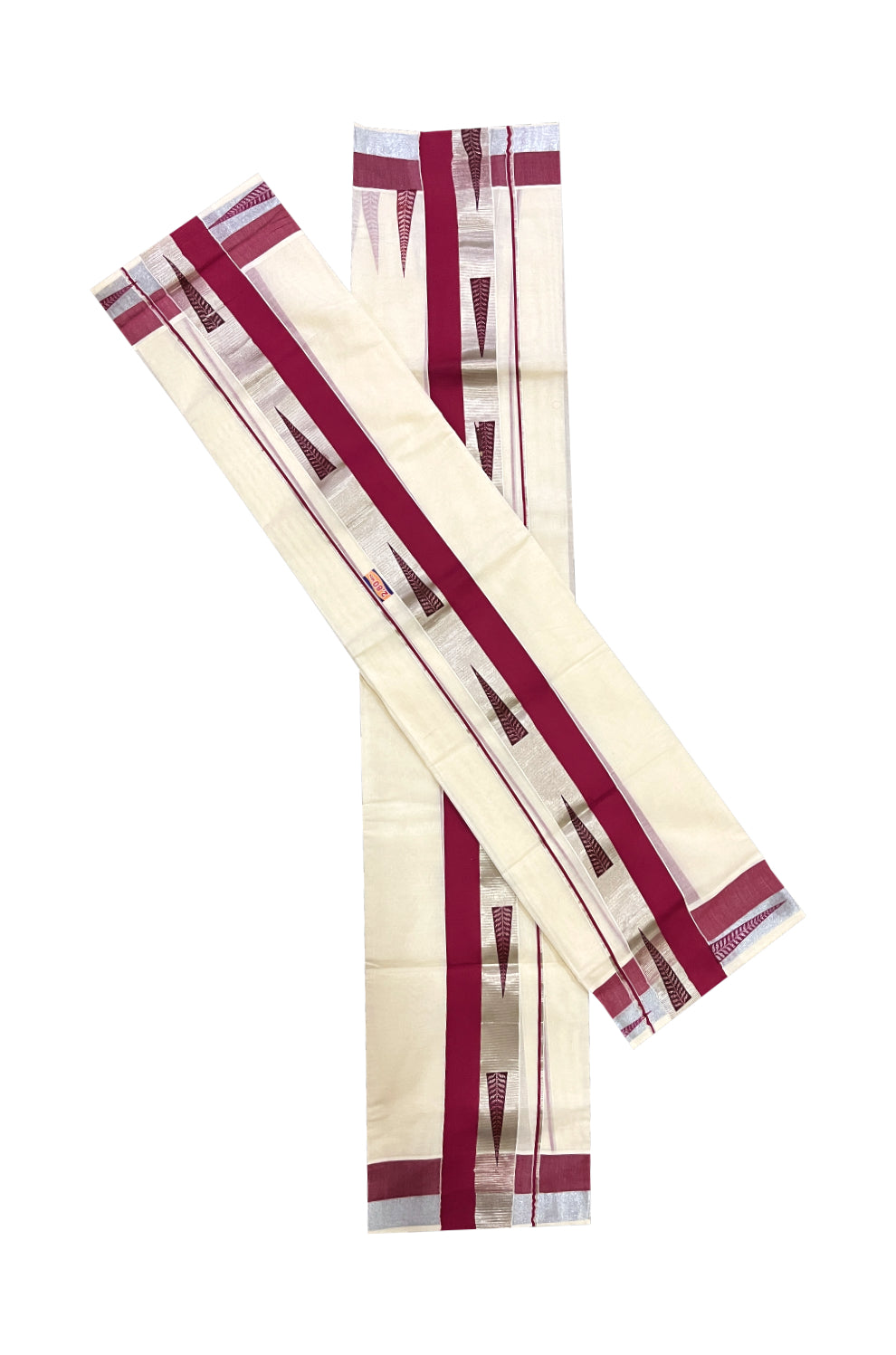 Pure Cotton SIlver Kasavu Single Set Mundu (Mundum Neriyathum Onam 2023) with Maroon Block Prints 2.80 Mtrs