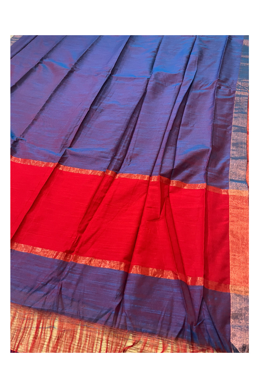 Southloom Cotton Violet Saree with Kasavu Border and Red Running Blouse Piece