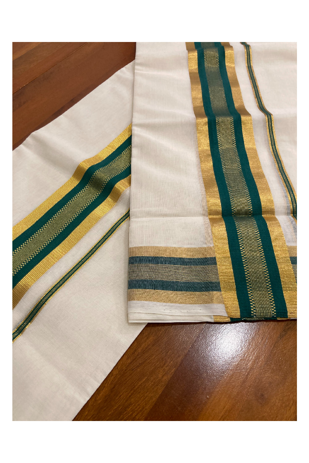 Southloom Premium Handloom Set Mundu with Kasavu and Green Border 2.80 Mtrs