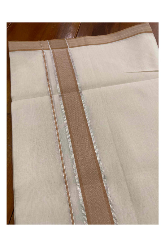 Southloom Balaramapuram Unakkupaavu Premium Handloom Mundu with Light Brown and Silver Kasavu Border