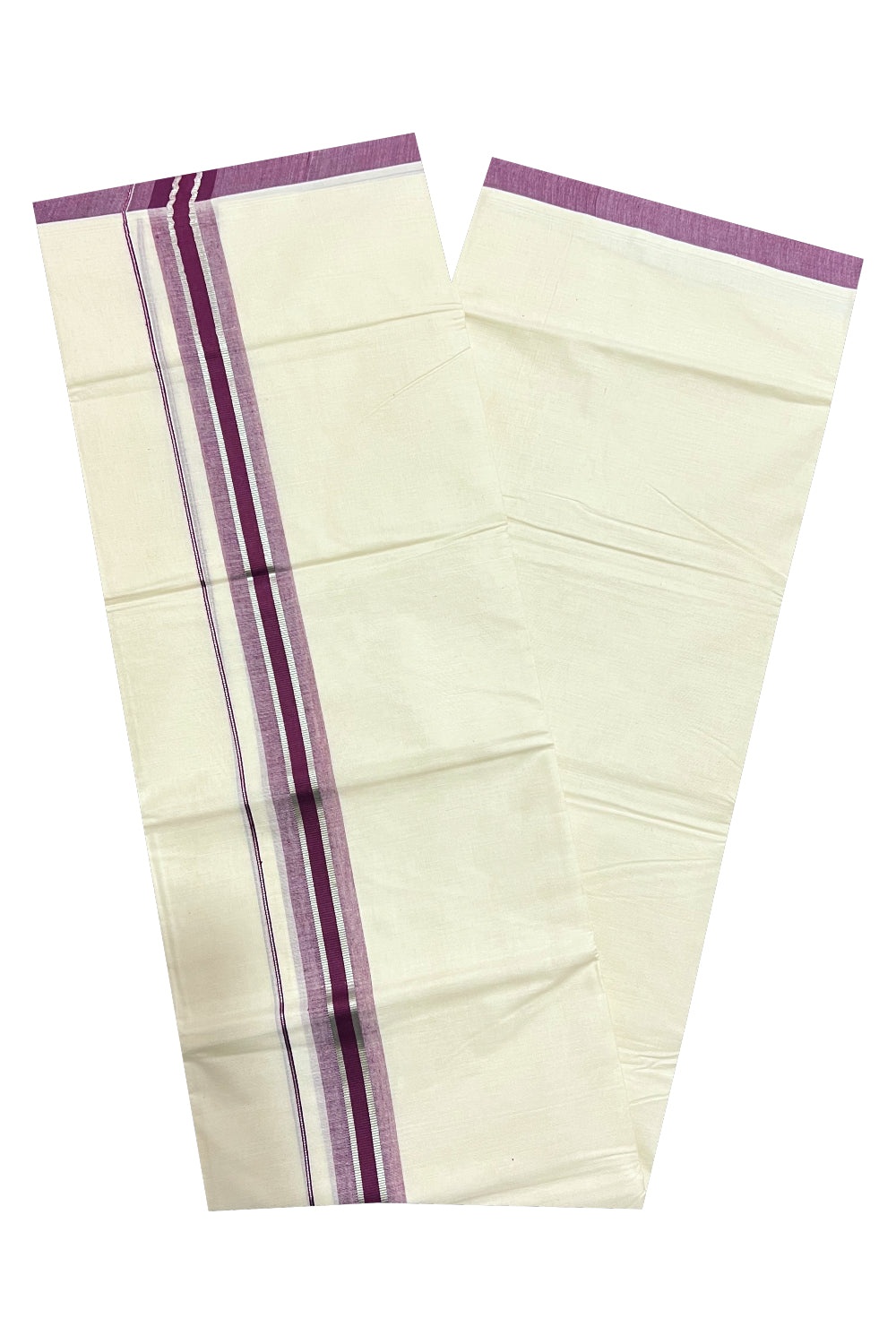 Off White Kerala Double Mundu with Silver Kasavu and Purple Border (South Indian Dhoti)