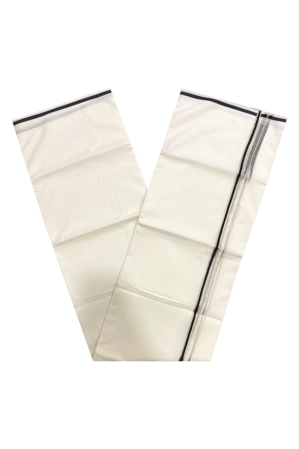 Pure White Cotton Double Mundu with Silver Kasavu and Black Chutti Border (South Indian Dhoti)