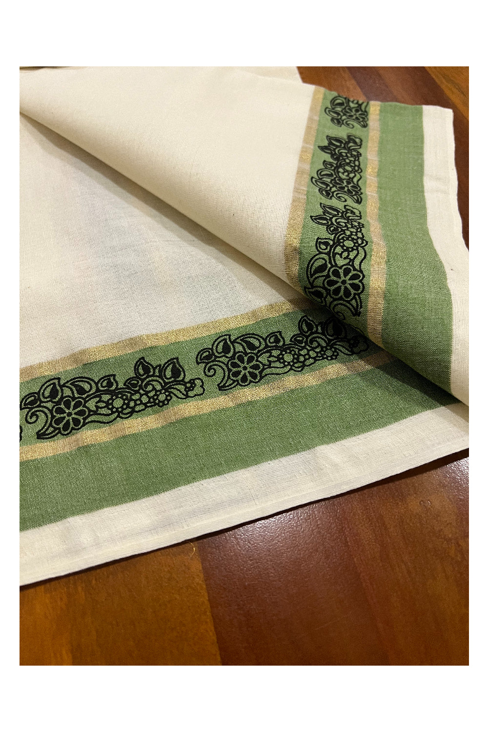 Southloom Onam 2022 Kasavu and Green Kara Set Mundu with Hand Block Print