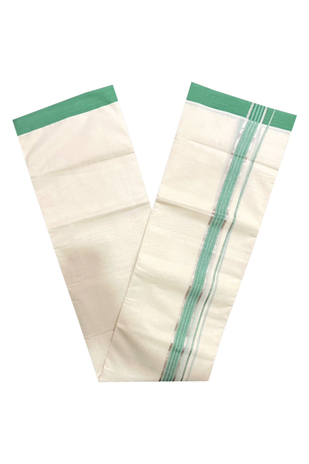 Pure Cotton Off White Double Mundu with Silver Kasavu and Green Border (South Indian Dhoti)