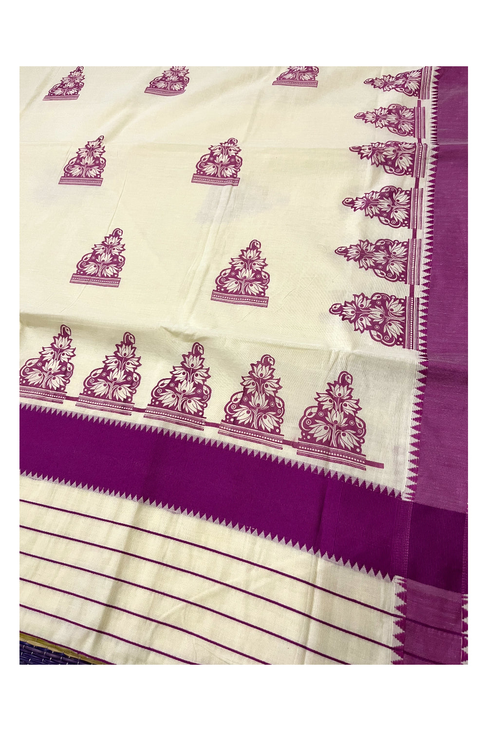 Pure Cotton Kerala Saree with Magenta Floral Block Printed Border