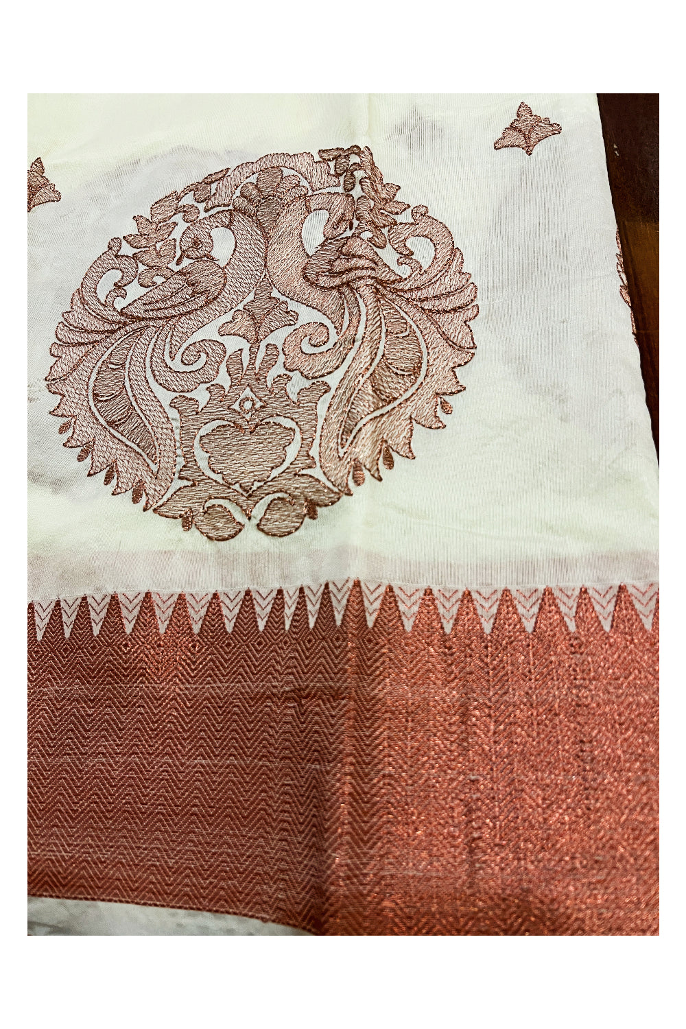 Kerala Cotton Copper Kasavu Thread Work Pavada and Copper Blouse Material for Kids/Girls 4.3 Meters