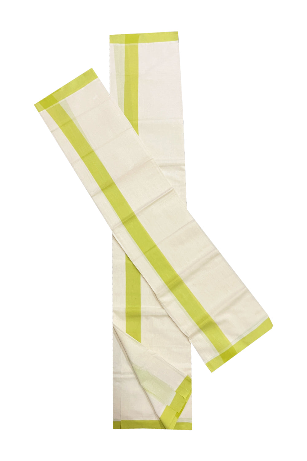 Kerala Cotton Mulloth Mundum Neriyathum Single (Set Mundu) with Light Green Border (Extra Soft Cotton) 2.80 Mtrs