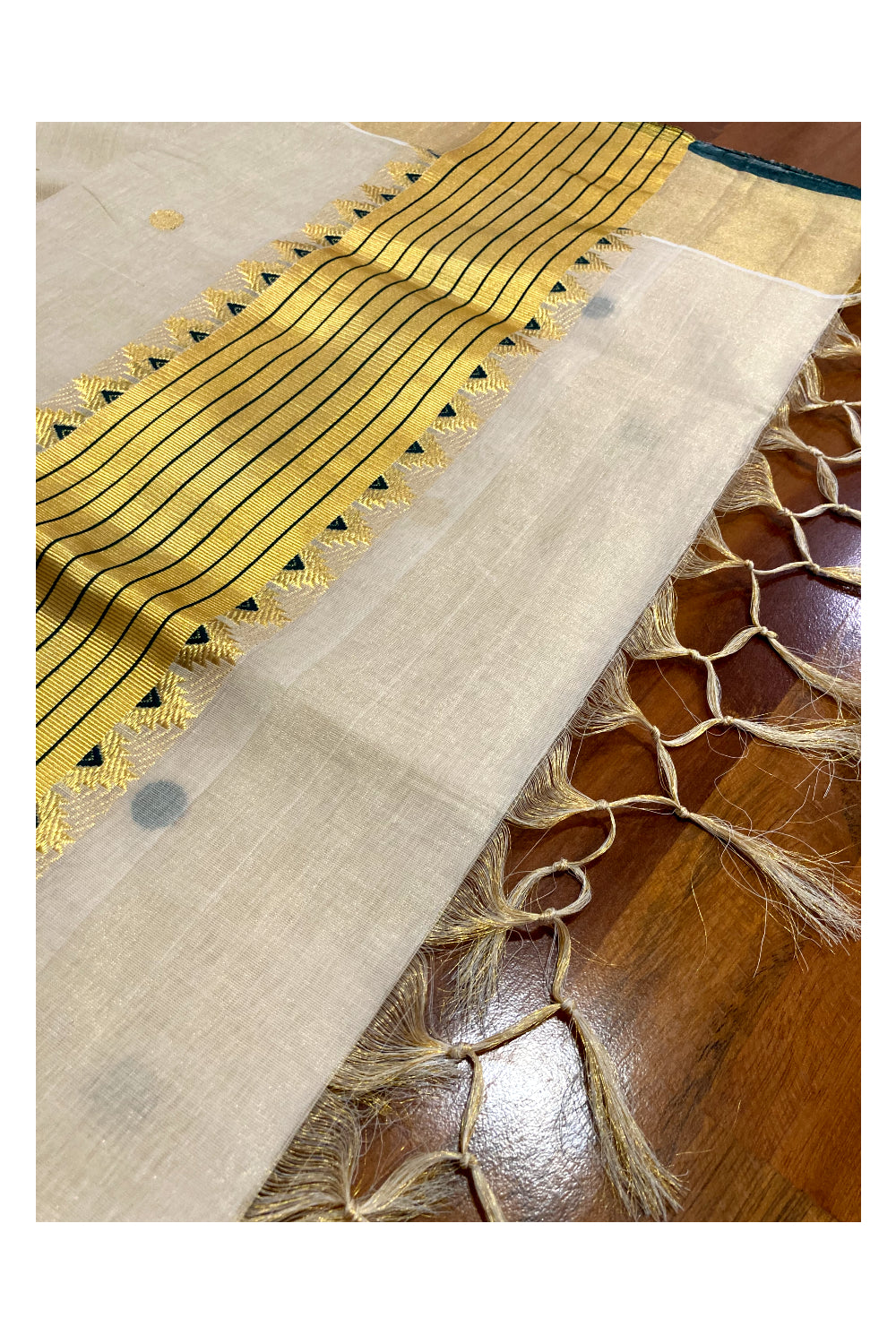 Southloom™ Premium Handloom Tissue Kasavu Saree with Golden and Green Small Polka Work