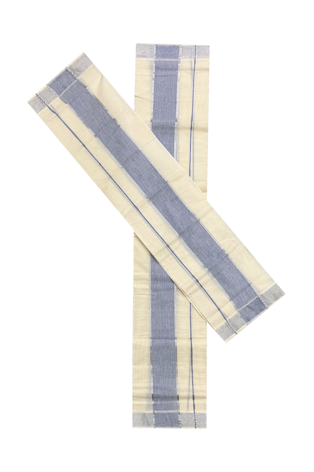 Kerala Cotton Set Mundu (Mundum Neriyathum) with Blue and Narrow Silver Kasavu Border