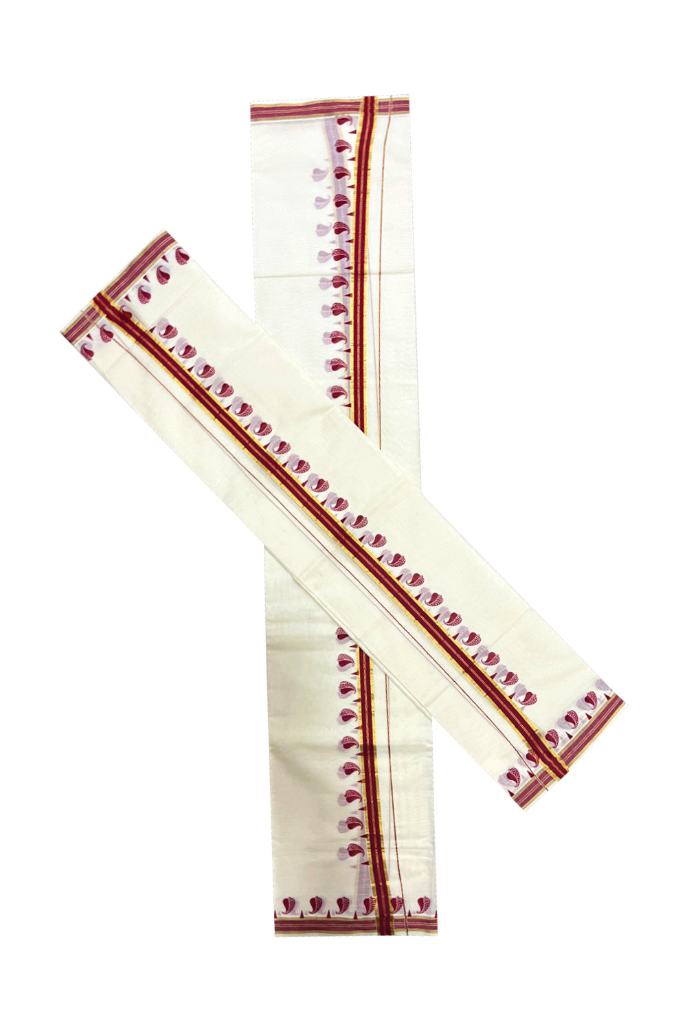 Kerala Cotton Single Kasavu Set Mundu (Mundum Neriyathum) with Red Block Prints on Border