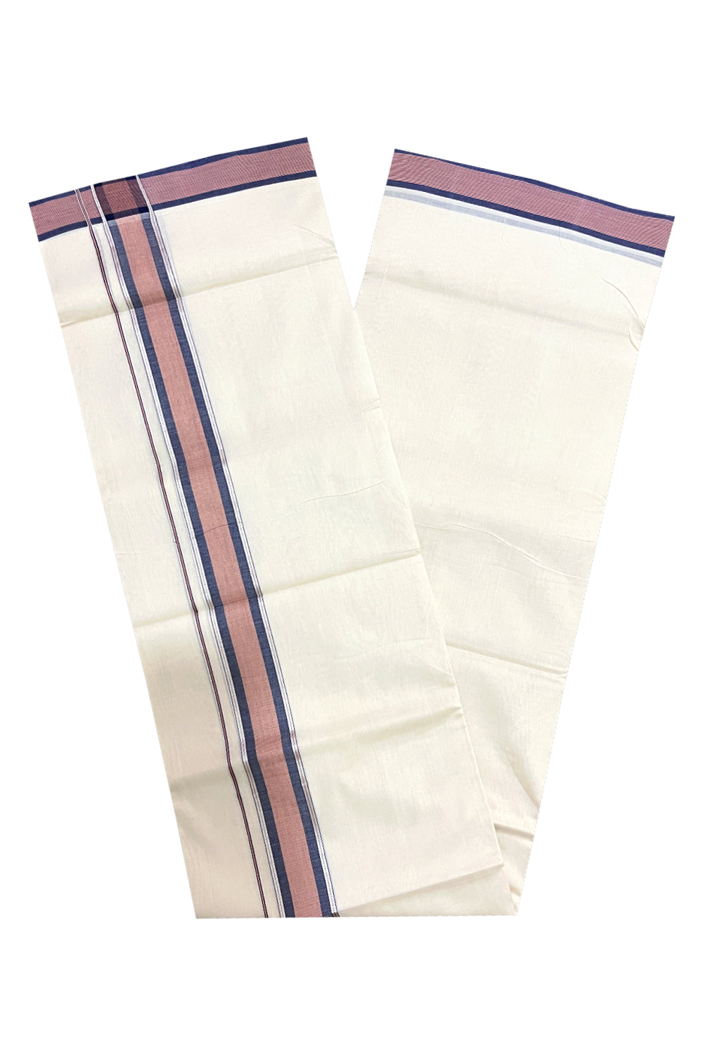 Southloom Premium Unakkupaavu Handloom Mundu with Silver Kasavu and Peach Blue Border (South Indian Kerala Dhoti)