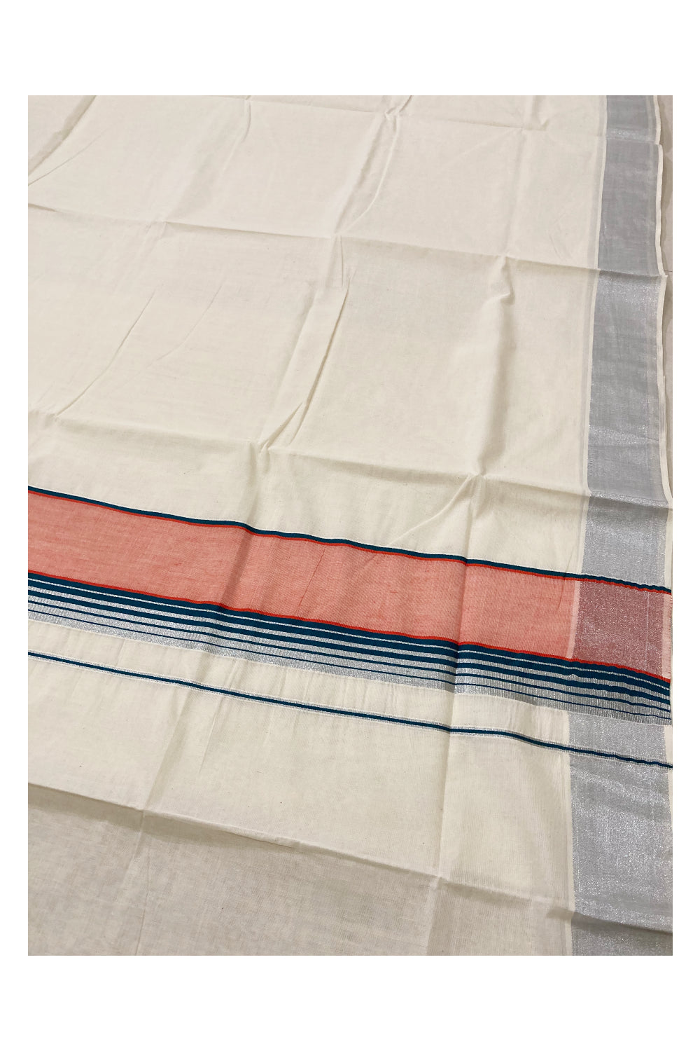 Pure Cotton Silver Kasavu Plain Saree with Dark Teal Green and Orange Border