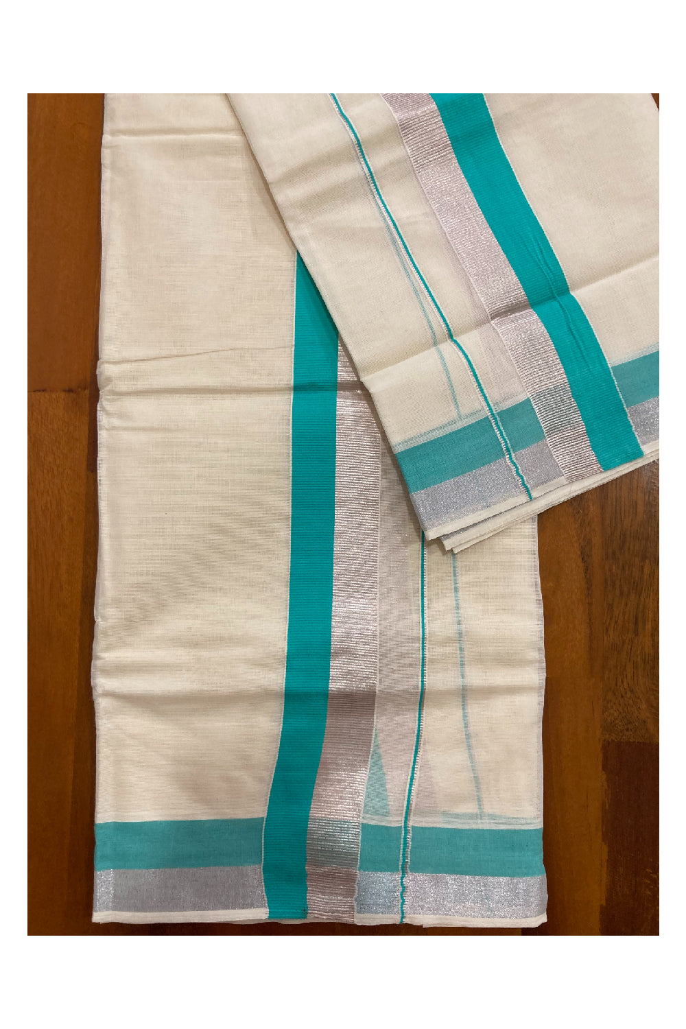 Kerala Cotton Double Set Mundu with Turquoise and Silver Kasavu Border (2.80 m Mundum Neriyathum)