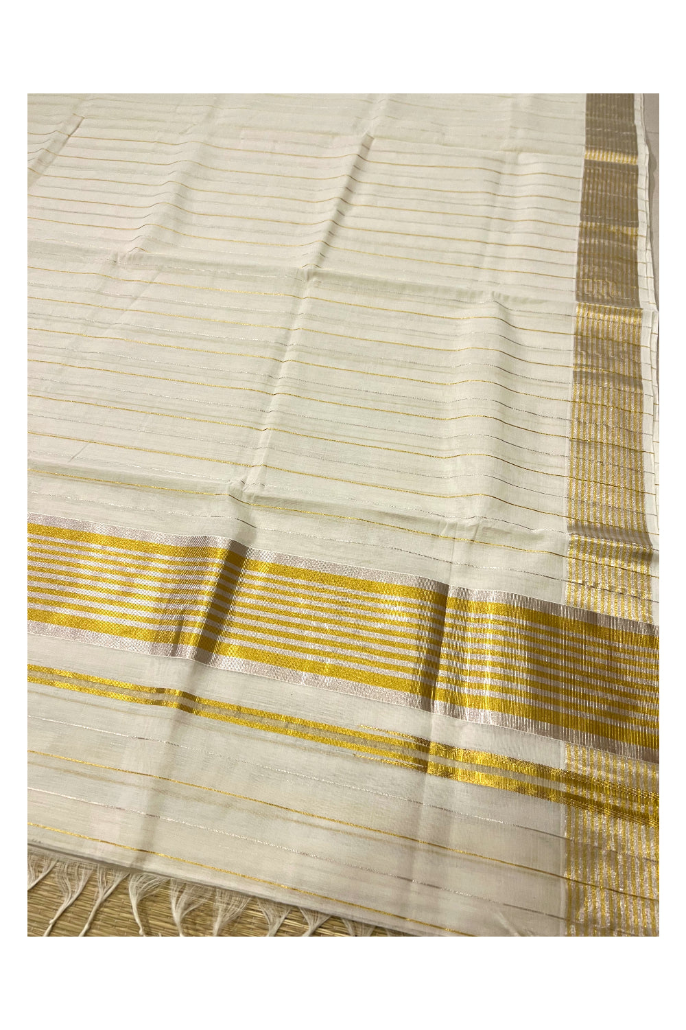 Southloom™ Premium Handloom Kasavu Saree with Silver and Golden Kasavu Lines Across Body