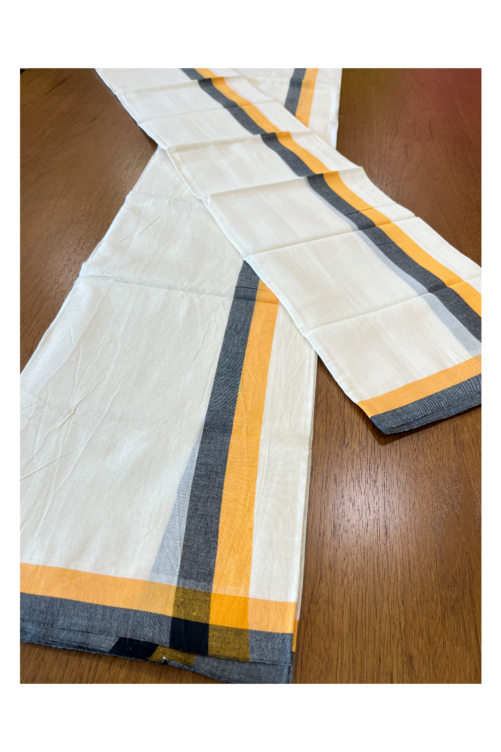 Kerala Cotton Mulloth Mundum Neriyathum Single (Set Mundu) with Orange and Black Border (Extra Soft Cotton) 2.80 Mtrs