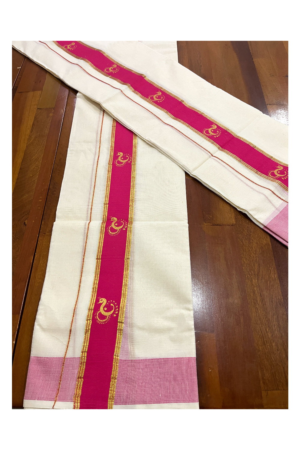 Pure Cotton Kasavu Single Set Mundu (Mundum Neriyathum ) with Golden Block Prints on Pink Border