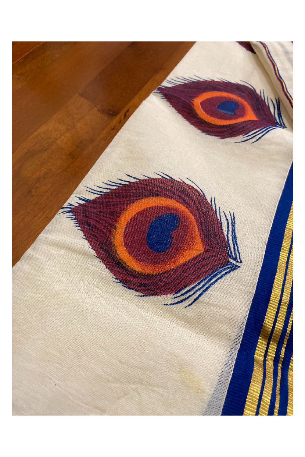 Single Set Mundu in Kasavu and Kara Border with Peacock Feather Hand Block Prints