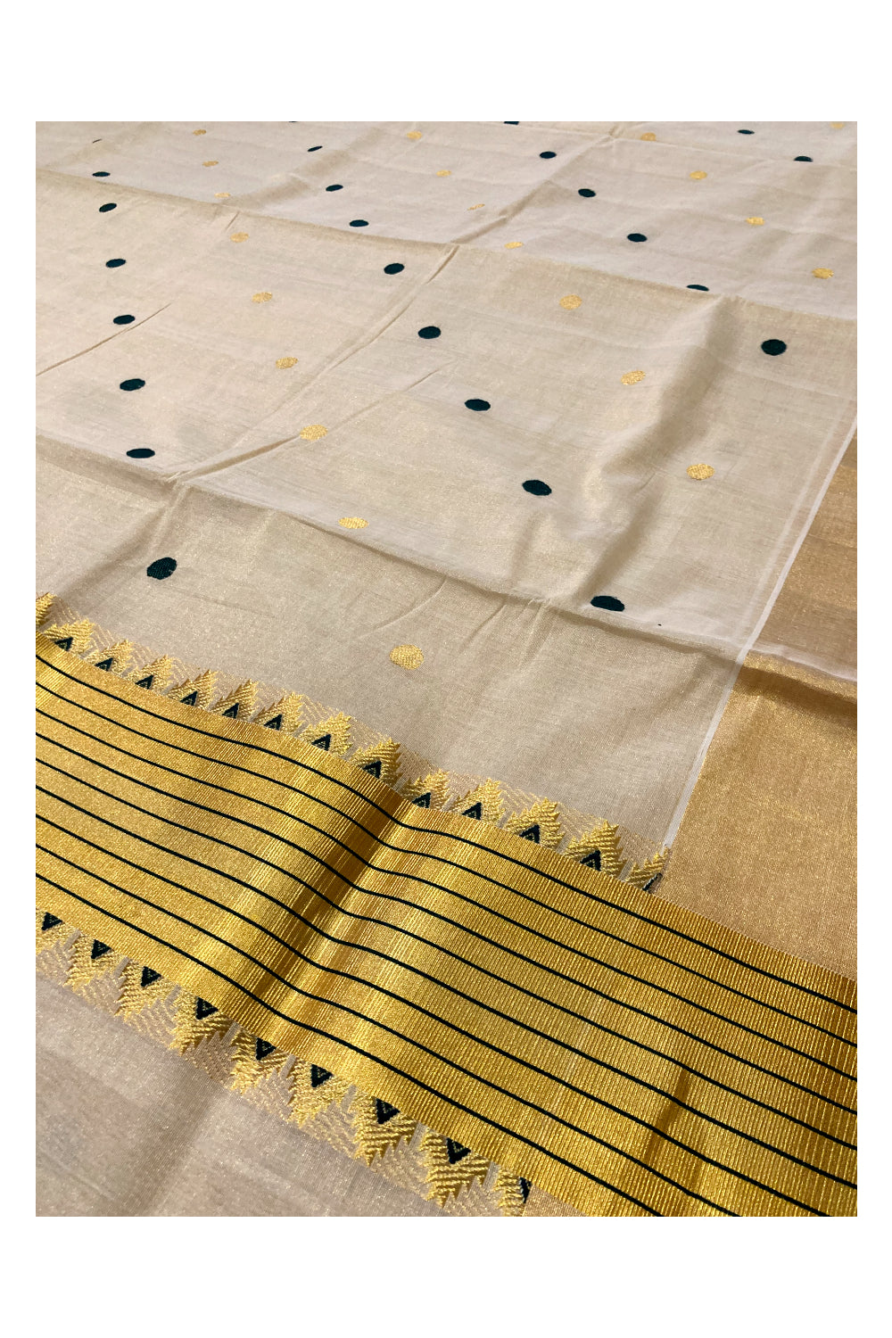 Southloom™ Premium Handloom Tissue Kasavu Saree with Golden and Green Small Polka Work