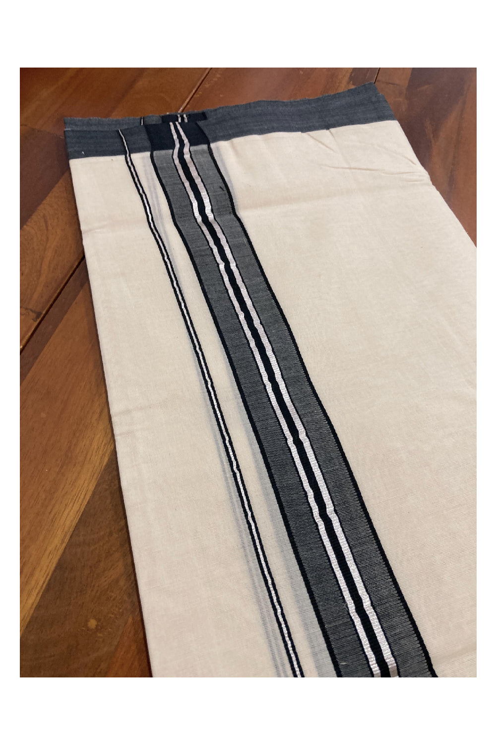 Off White Cotton Mundu with Black and Silver Kasavu Border (South Indian Dhoti)