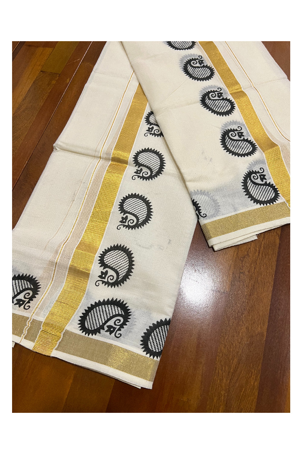 Pure Cotton Kasavu Set Mundu (Mundum Neriyathum) with Black Paisley Block Prints on Border