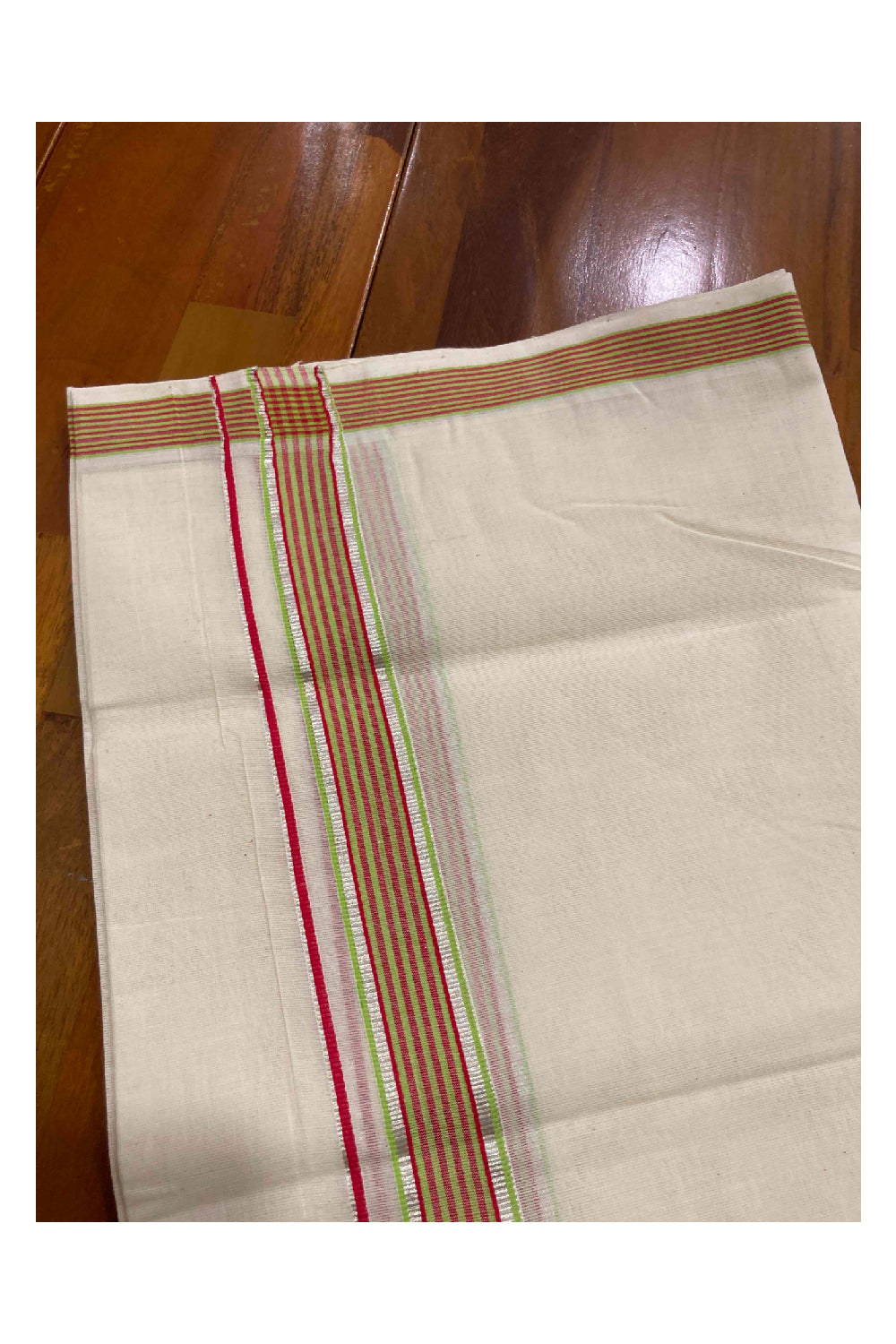 Southloom Handloom Premium Double Dhoti with Red Green and Silver Kasavu Border