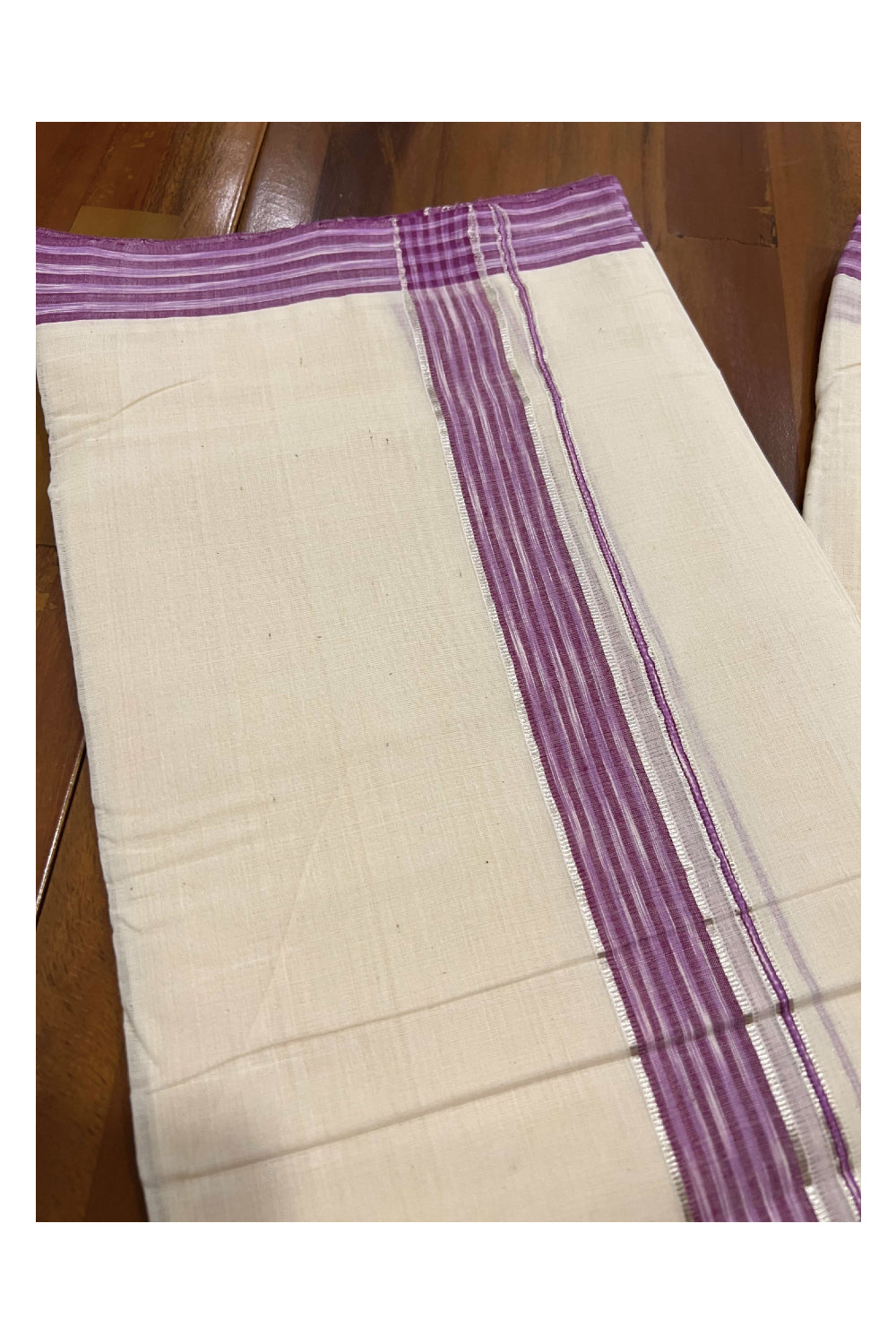 Southloom Balaramapuram Pure Cotton Handloom Mundu with Silver Kasavu and Magenta Lines Border