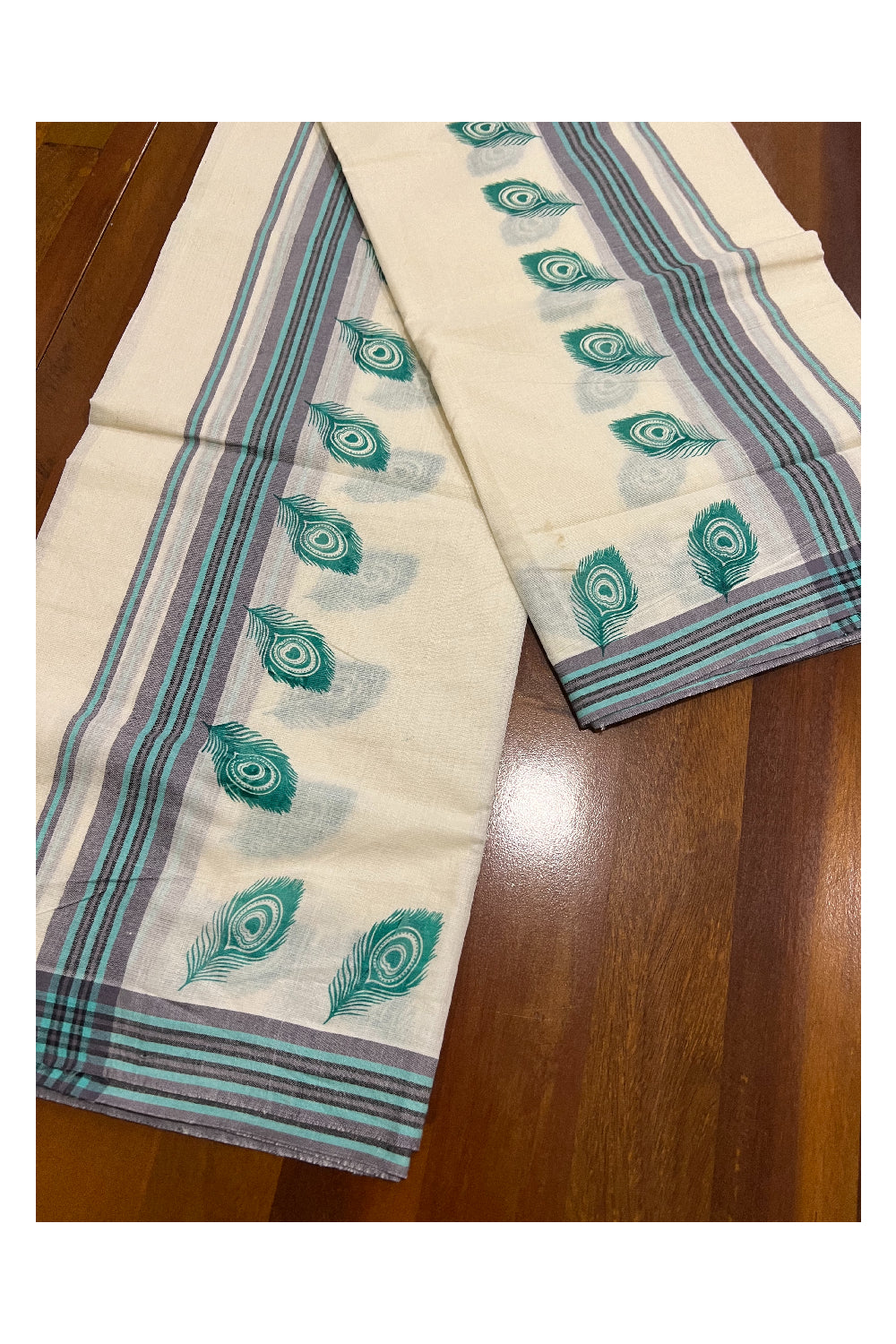 Pure Cotton Set Mundu (Mundum Neriyathum) with Turquoise Feather Block Prints on Grey and Turquoise Border