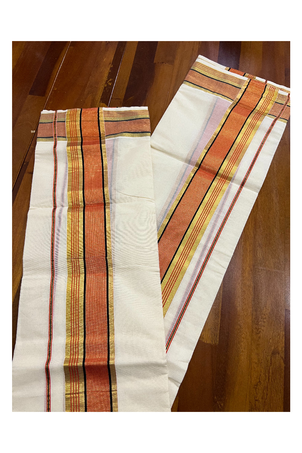 Kerala Cotton Kasavu Set Mundu (Mundum Neriyathum) with Orange and Kasavu Border 2.80 Mtrs