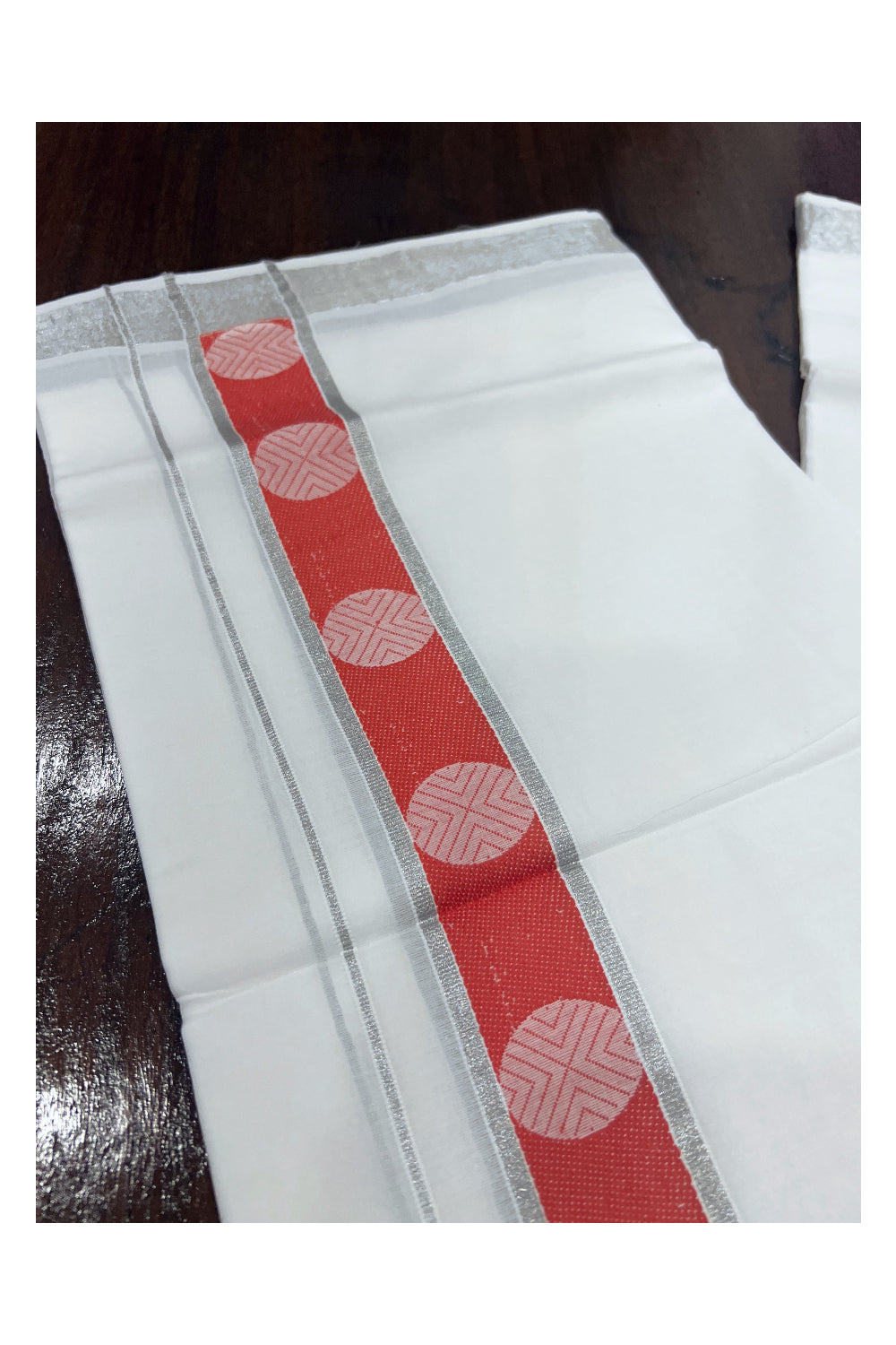 Pure White Cotton Double Mundu with Silver Kasavu and Orangish Red Woven Design Border (South Indian Dhoti)