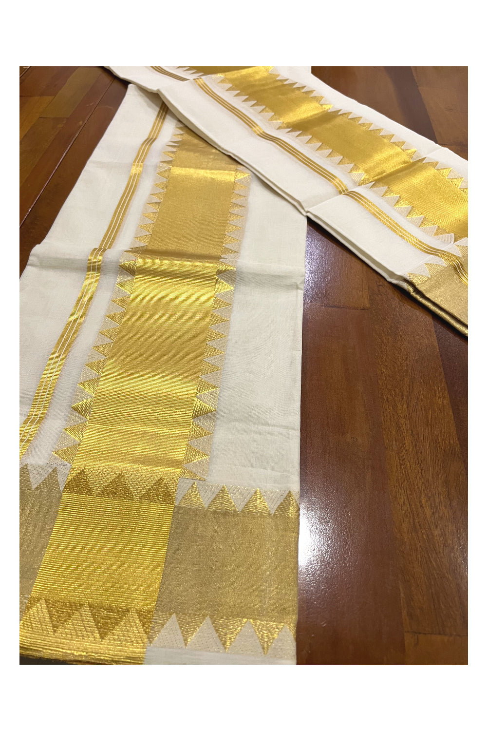 Southloom Handloom Premium Single Wedding Set Mundu (Mundum Neriyathum) with Kasavu Woven Temple Border