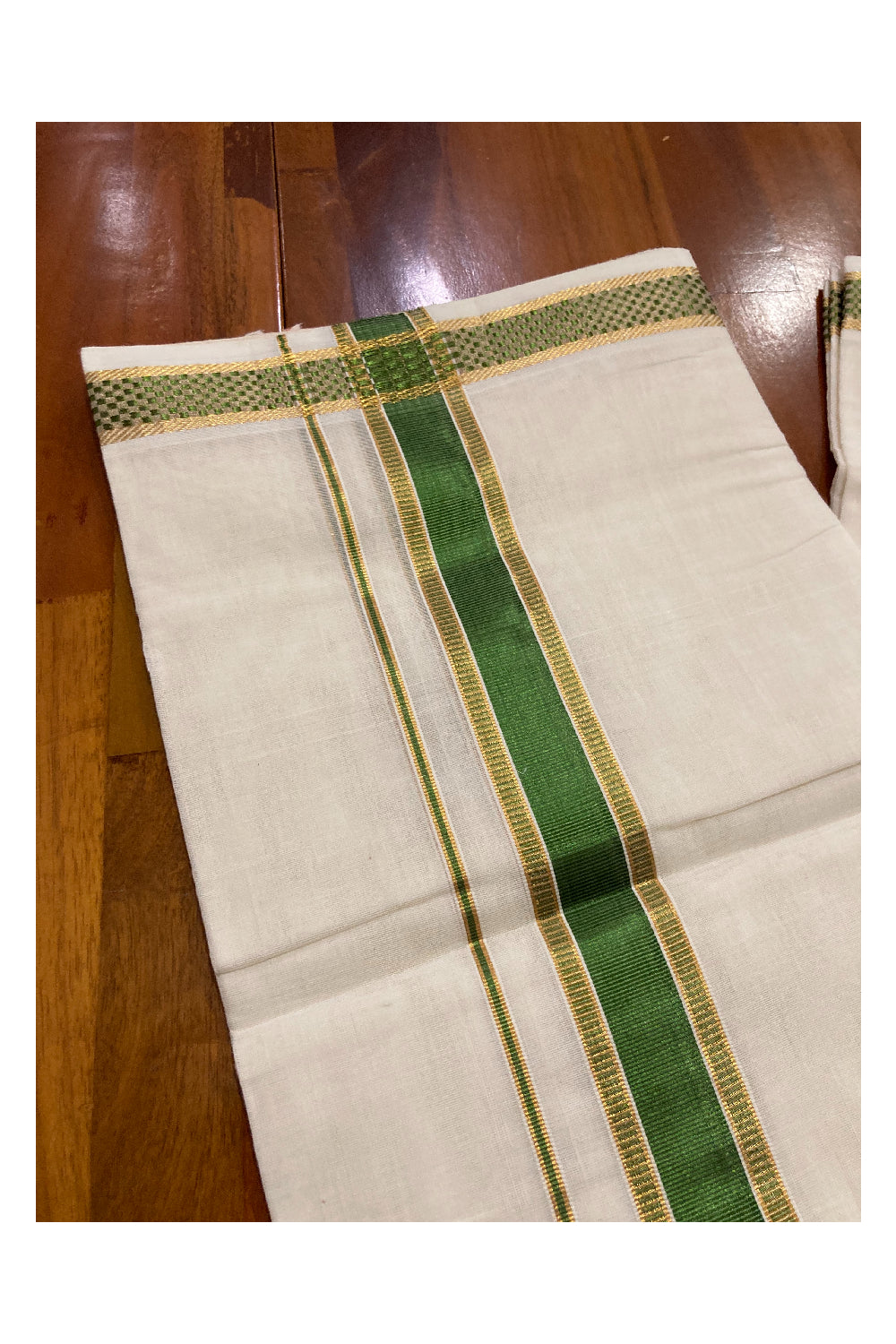 Southloom Premium Handloom Pure Cotton Mundu with Golden and Green Kasavu Design Border (South Indian Dhoti)