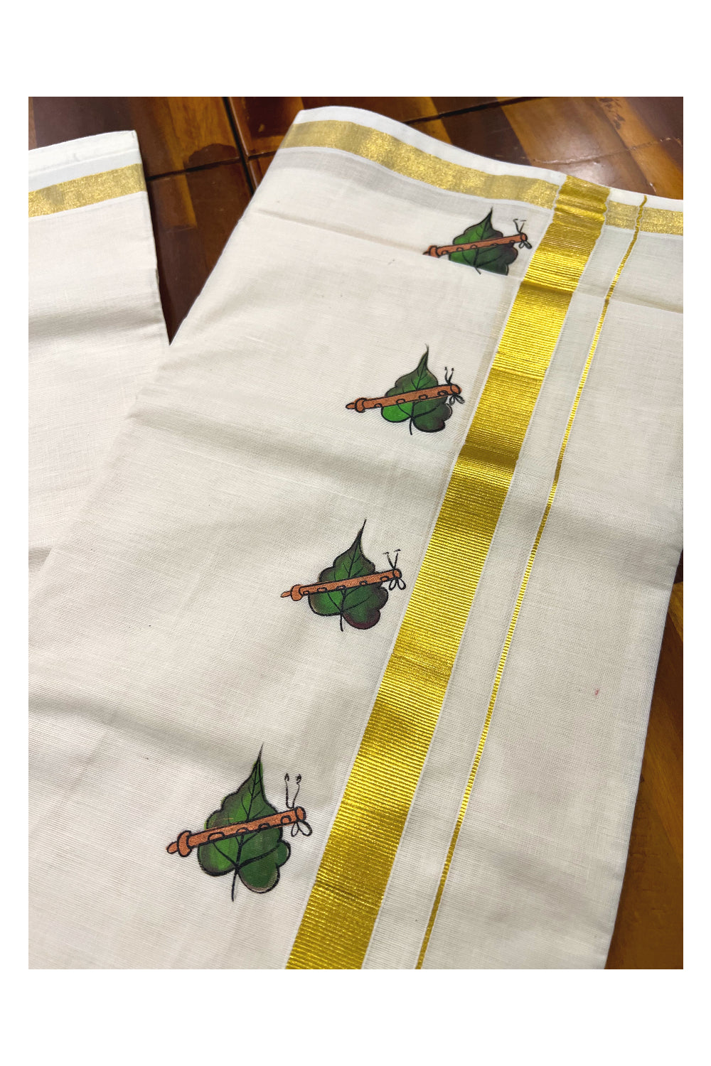 Pure Cotton Kasavu Mundu with Mural Hand Painted Leaf and Flute Design (South Indian Dhoti)