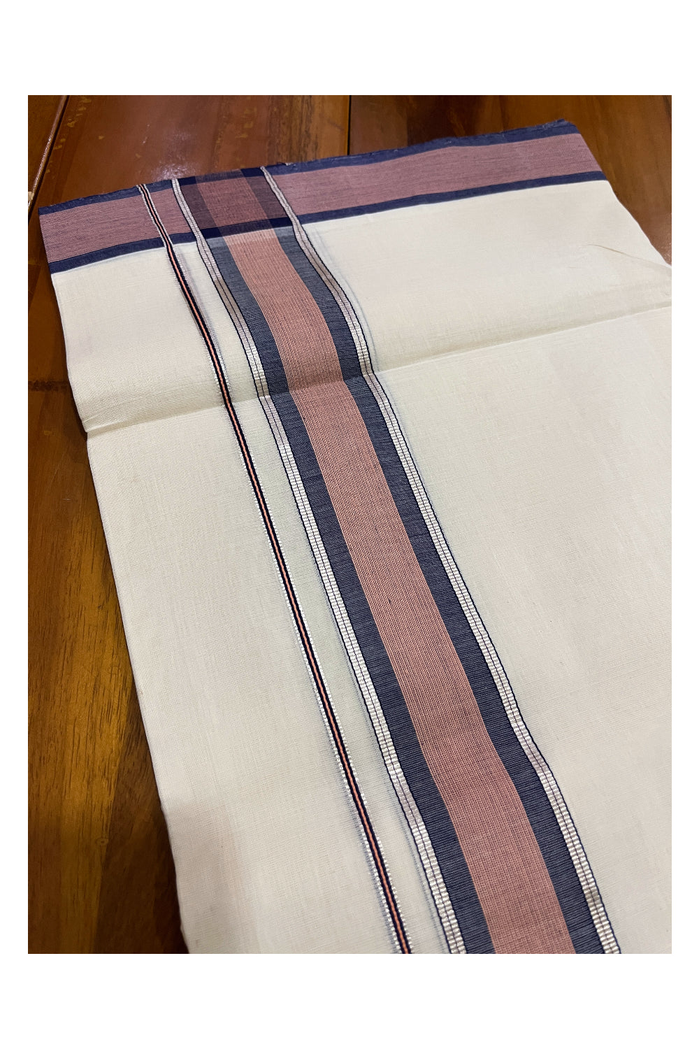 Southloom Premium Unakkupaavu Handloom Mundu with Silver Kasavu and Peach Blue Border (South Indian Kerala Dhoti)