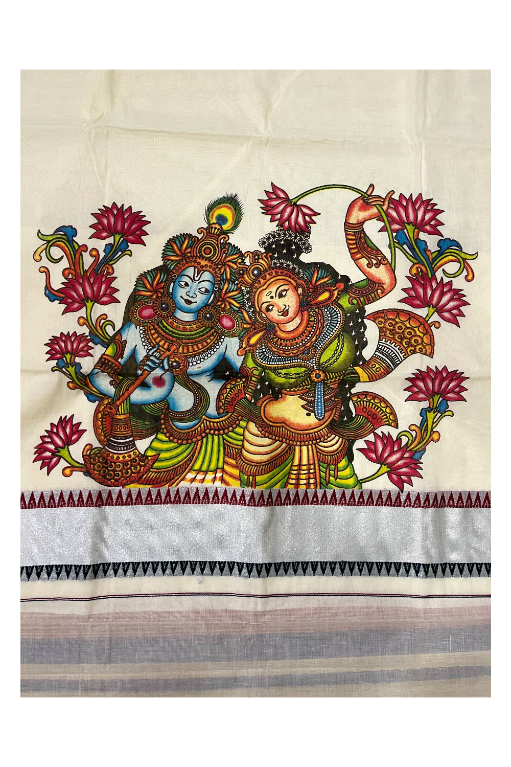 Kerala Pure Cotton Saree with Mural Printed Krishna Radha Design and Maroon Dark Green Temple Border