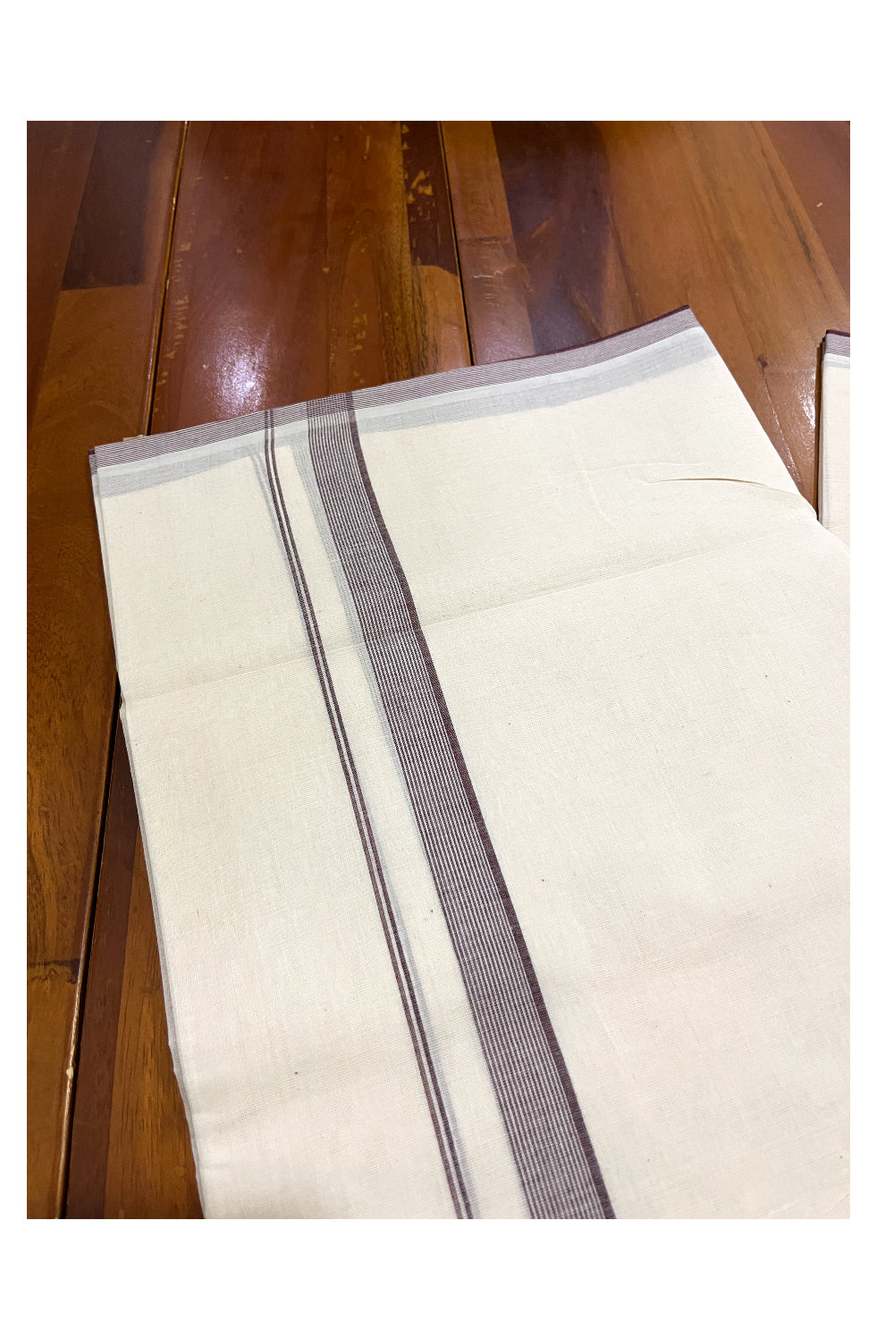 Pure Cotton Off White 100x100 Double Mundu with Brown Border (South Indian Dhoti)