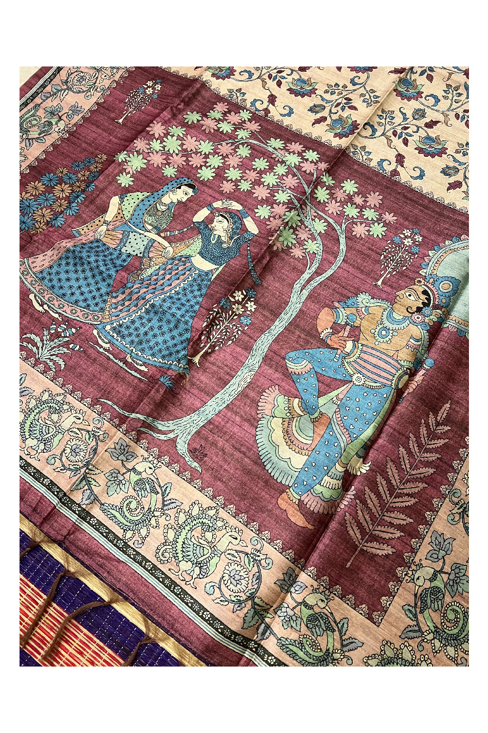 Southloom Tussar Silk Kalamkari Design Vishu Themed Krishna Radha Saree