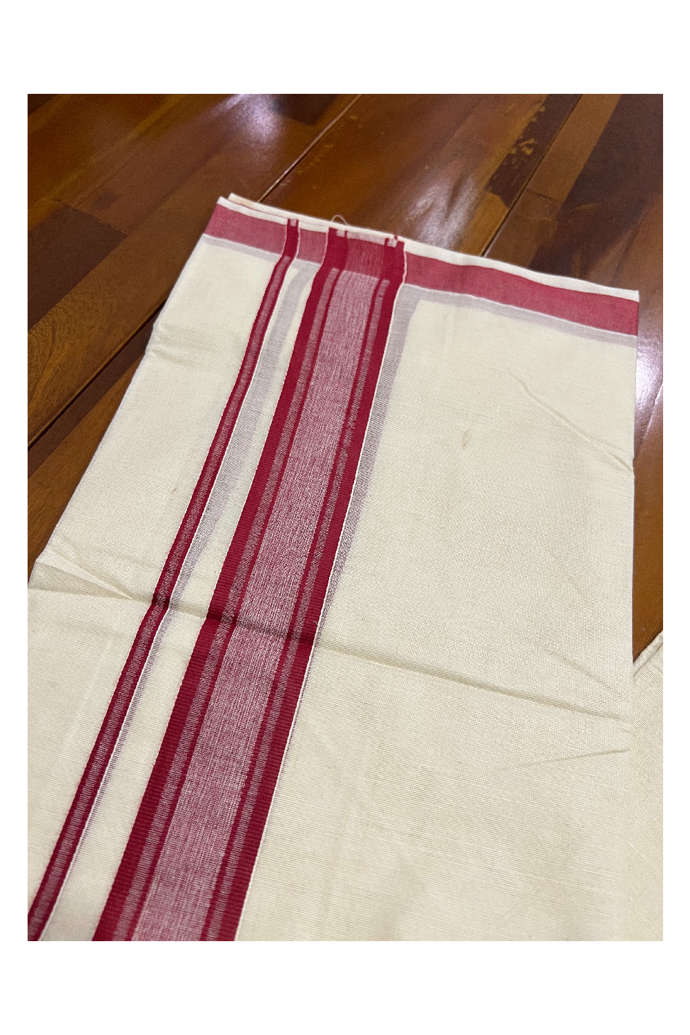 Off White Kerala Double Mundu with Dark Red Kara (South Indian Dhoti)