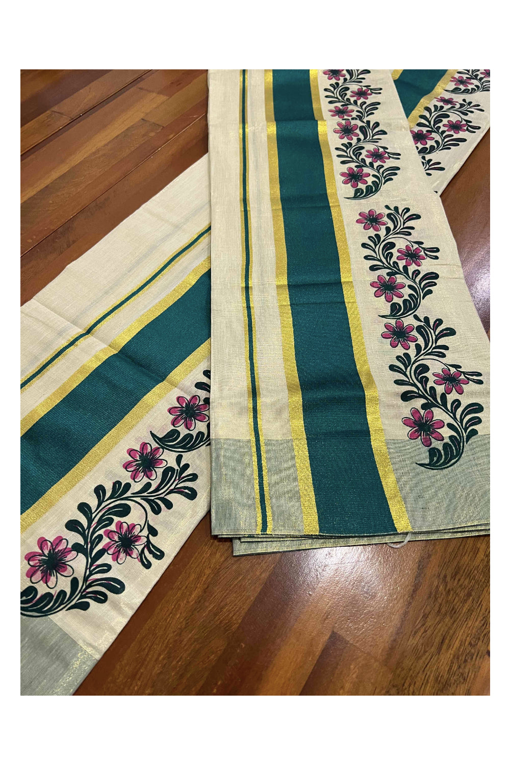 Kerala Tissue Kasavu Set Mundu (Mundum Neriyathum) with Green Block Printed Pallu