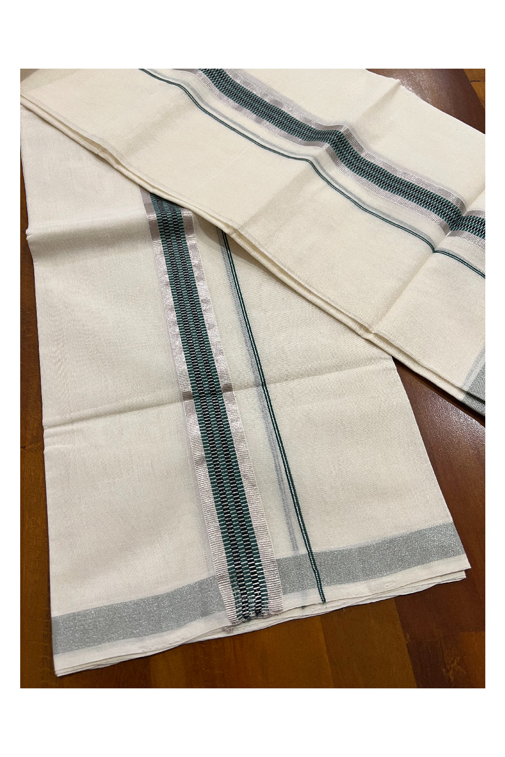 Southloom Premium Handloom Set Mundu with Silver Kasavu and Green Black Woven Design Border