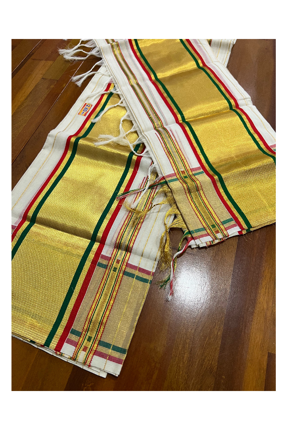 Southloom Handloom Premium Set Mundu with Woven Lines Body with Red and Green Border 2.80 Mtrs