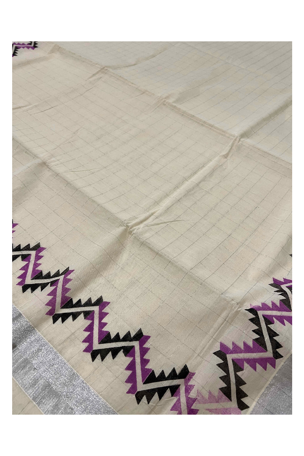 Kerala Silver Kasavu Woven Check Saree with Magenta and Black Block Printed Border