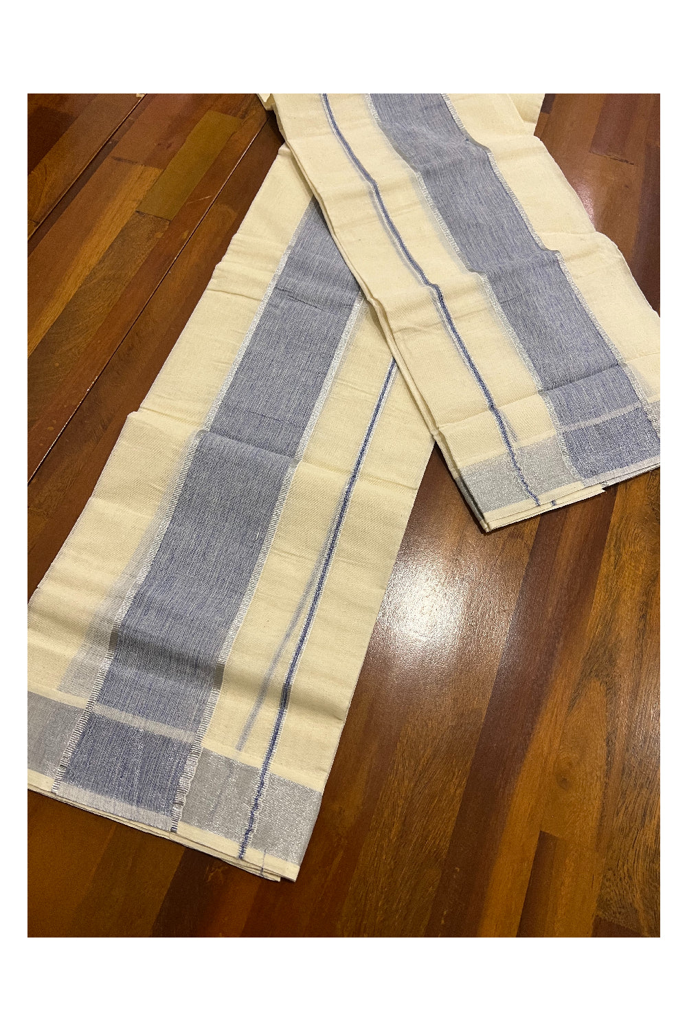 Kerala Cotton Set Mundu (Mundum Neriyathum) with Blue and Narrow Silver Kasavu Border