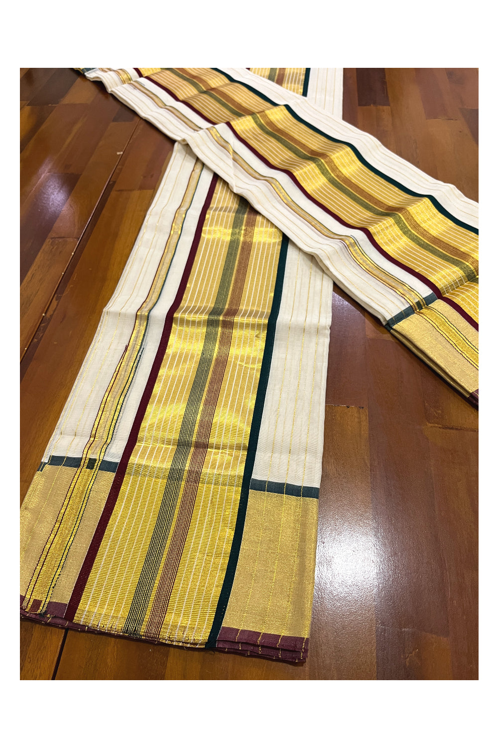 Southloom Premium Handloom Set Mundu with Maroon Green Border and Kasavu Lines Across Body 2.80 Mtrs