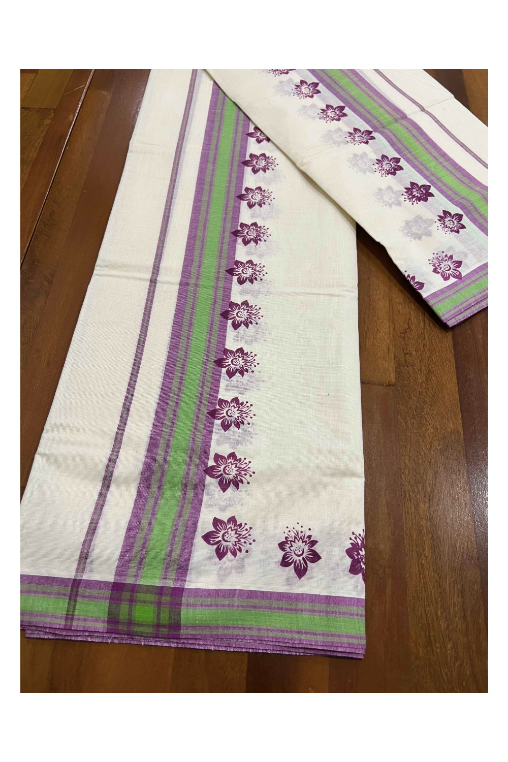 Kerala Cotton Mulloth Mundum Neriyathum Single (Set Mundu) with Magenta Floral Block Print Border (Extra Soft Cotton)