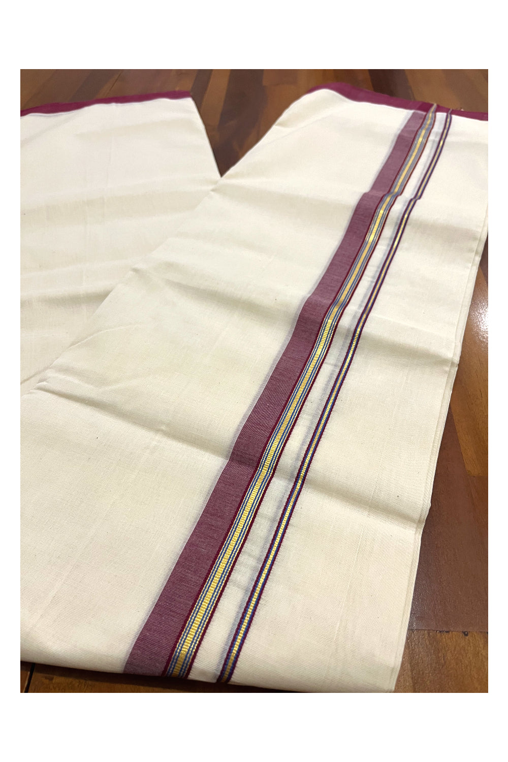 Southloom Premium Handloom Double Mundu with Maroon and Kasavu Border