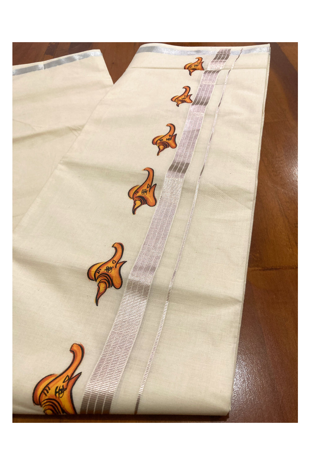 Off White Pure Cotton Double Mundu with Mural Prints on Silver Kasavu Kara (South Indian Dhoti)