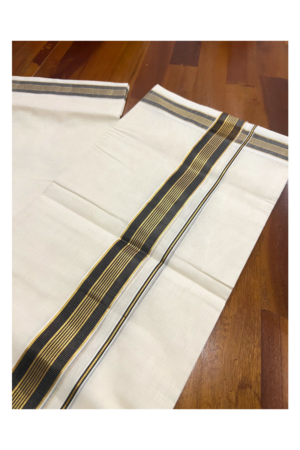 Southloom Premium Handloom Pure Cotton Mundu with Golden and Black Line Kasavu Border (South Indian Dhoti)