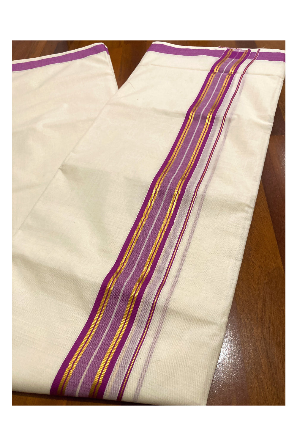 Pure Cotton Off White Double Mundu with Magenta and Kasavu Border (South Indian Kerala Dhoti)