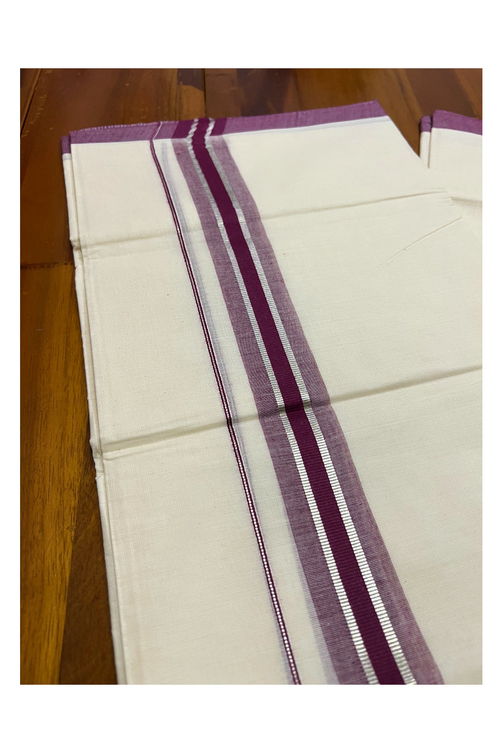 Off White Kerala Double Mundu with Silver Kasavu and Purple Border (South Indian Dhoti)