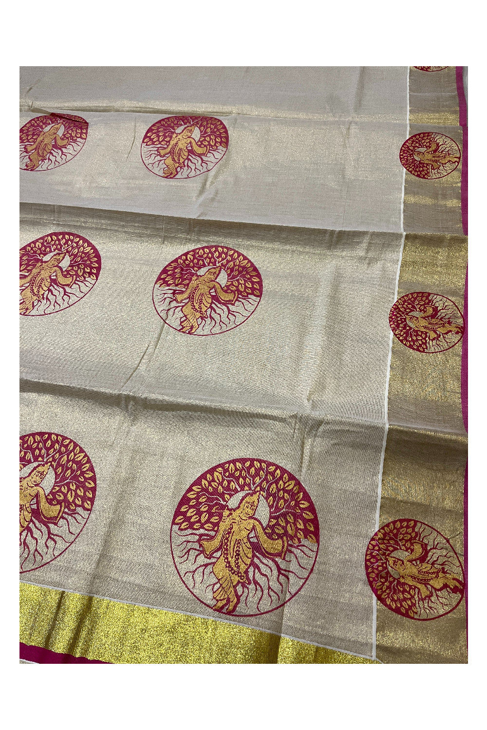 Kerala Tissue Kasavu Magenta Golden Krishna Block Printed Design Saree